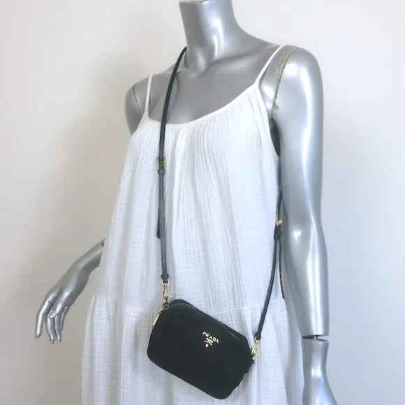 Prada Tessuto Mini Camera Crossbody Bag Black Nylon & Saffiano Leather Clutch - Picture 1 of 15